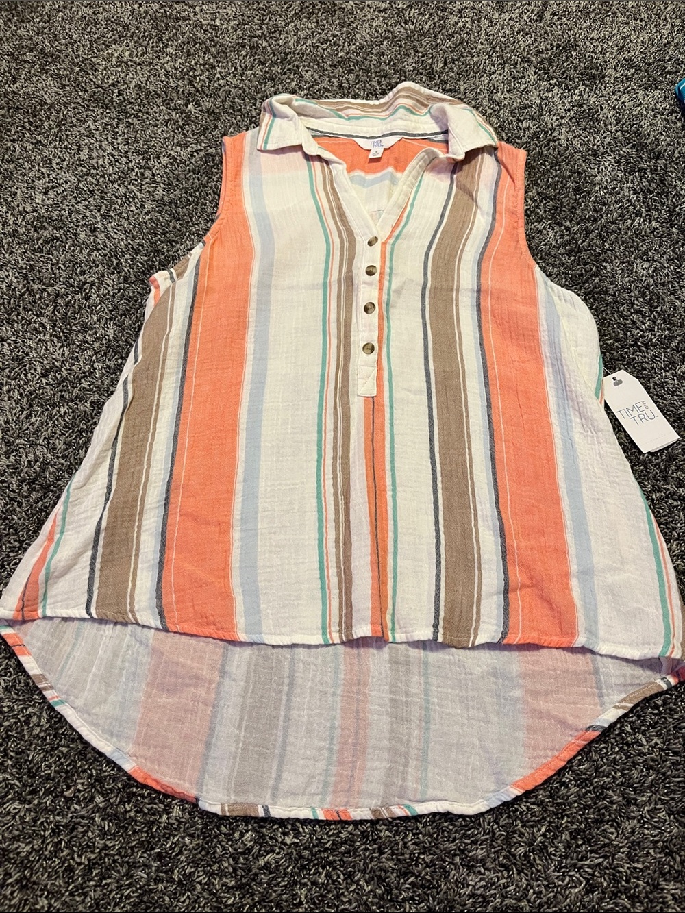 Time and Tru Coral, Cream & Brown Striped Sleeveless Henley Tunic